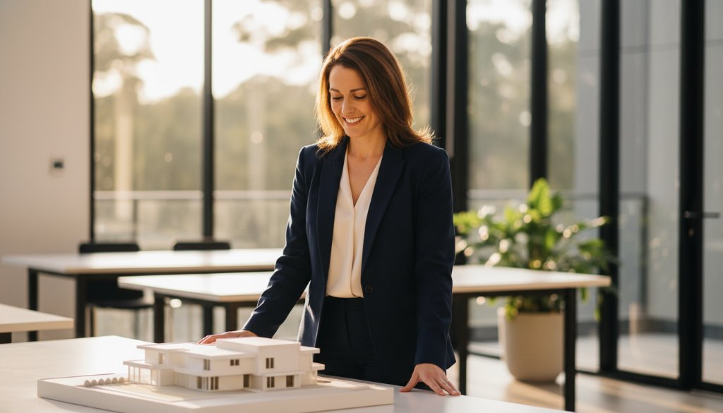 A dynamic, high-energy shot of a successful small business owner confidently presenting their product in a modern, light-filled studio in Box Hill South, demonstrating the power of Box Hill South personal brand photography Melbourne, with dramatic rim lighting and professional color grading.