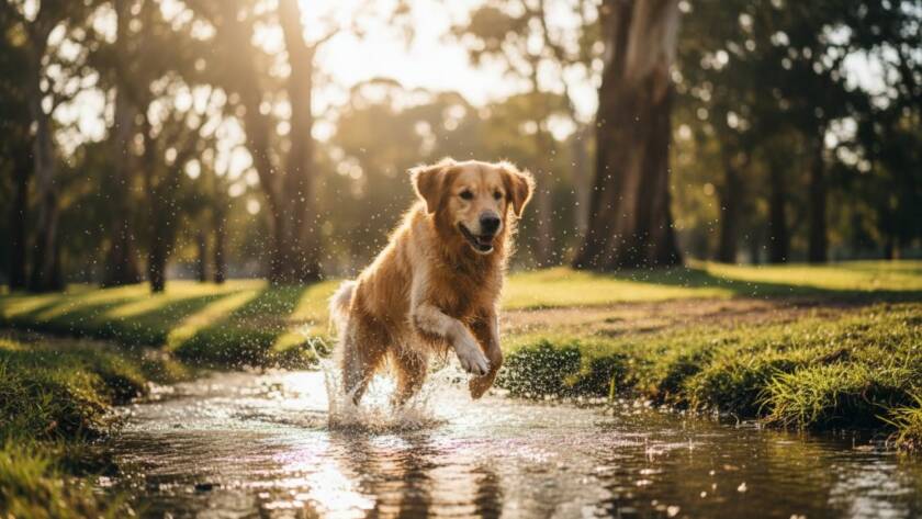 An epic, joy-filled moment captured by Image by SD, showcasing professional Box Hill South pet photography for playful paws. A golden retriever leaps gracefully amidst golden hour light in a Box Hill South park, its fur illuminated, embodying pure happiness and freedom.