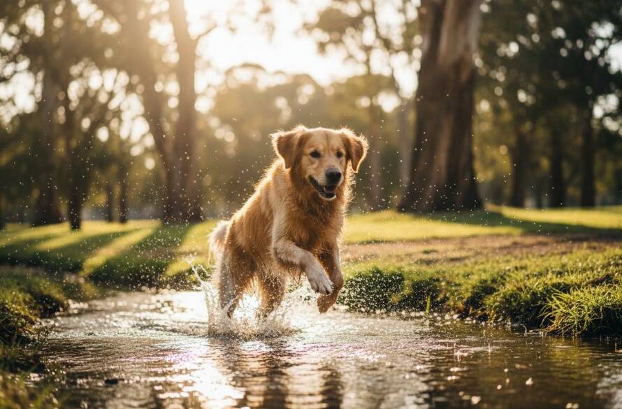 An epic, joy-filled moment captured by Image by SD, showcasing professional Box Hill South pet photography for playful paws. A golden retriever leaps gracefully amidst golden hour light in a Box Hill South park, its fur illuminated, embodying pure happiness and freedom.