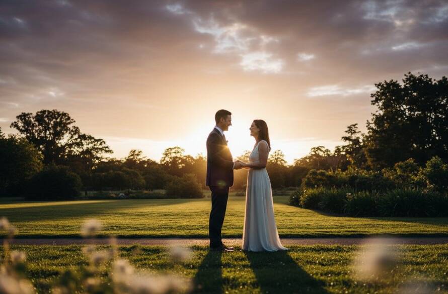 An epic, romantically lit pre-wedding photoshoot capturing a couple's joyful embrace in a sun-drenched Box Hill South park, highlighting the Box Hill South Pre-Wedding Photoshoot Victoria experience.