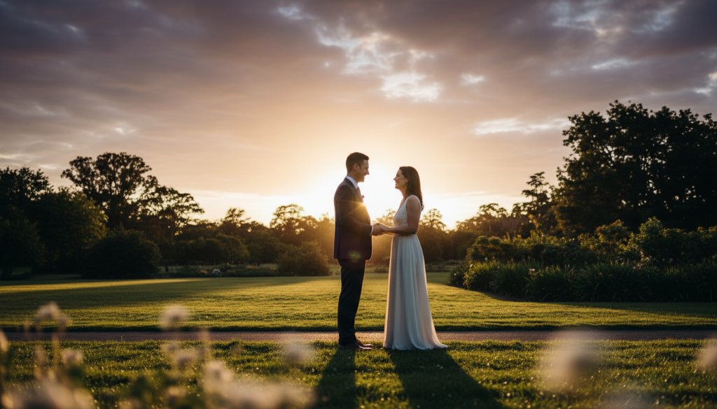 An epic, romantically lit pre-wedding photoshoot capturing a couple's joyful embrace in a sun-drenched Box Hill South park, highlighting the Box Hill South Pre-Wedding Photoshoot Victoria experience.