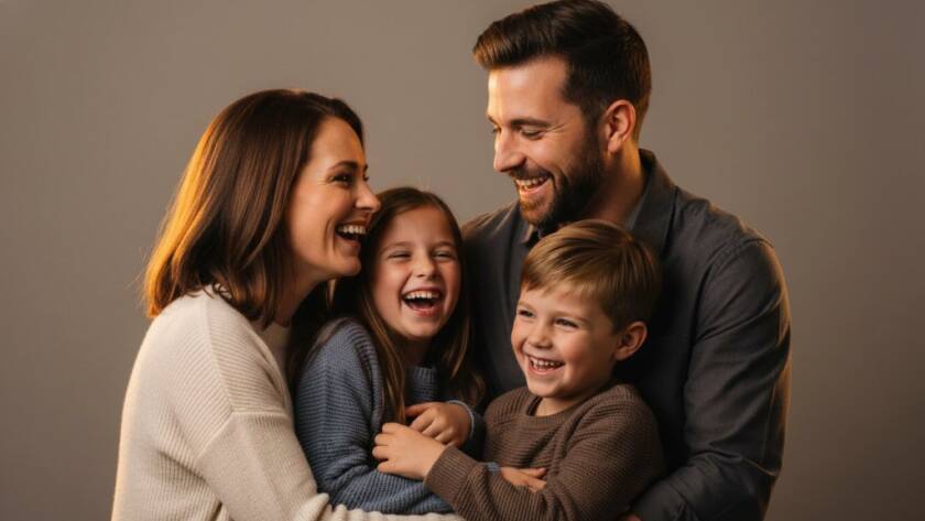 An emotionally resonant, epic moment captured in Box Hill South professional studio photography, featuring a family laughing joyously, bathed in soft, dramatic rim lighting against a minimalist grey backdrop. The high-quality professional shot showcases their genuine connection with warm, cinematic colour grading.