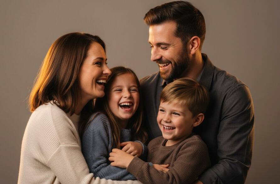 An emotionally resonant, epic moment captured in Box Hill South professional studio photography, featuring a family laughing joyously, bathed in soft, dramatic rim lighting against a minimalist grey backdrop. The high-quality professional shot showcases their genuine connection with warm, cinematic colour grading.