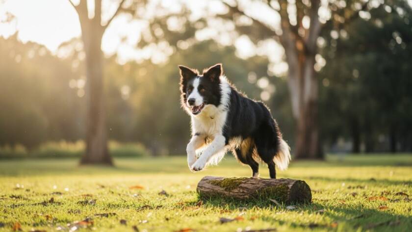 A majestic golden retriever captured mid-leap with a joyful expression in a beautifully lit Box Hill South park, exemplifying the vibrant pet photography sessions offered, with dramatic lighting enhancing its fur and movement.