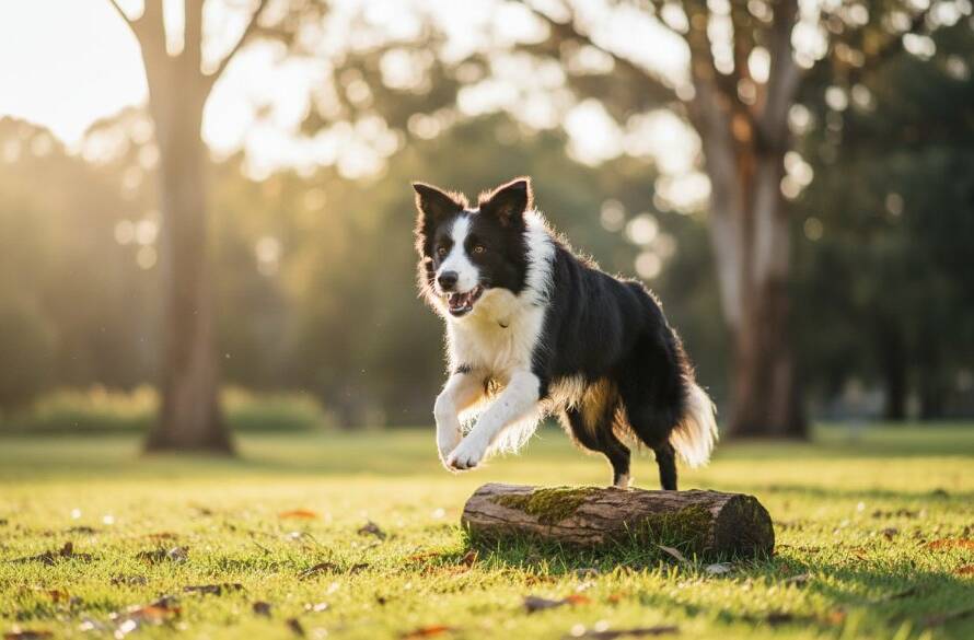 A majestic golden retriever captured mid-leap with a joyful expression in a beautifully lit Box Hill South park, exemplifying the vibrant pet photography sessions offered, with dramatic lighting enhancing its fur and movement.