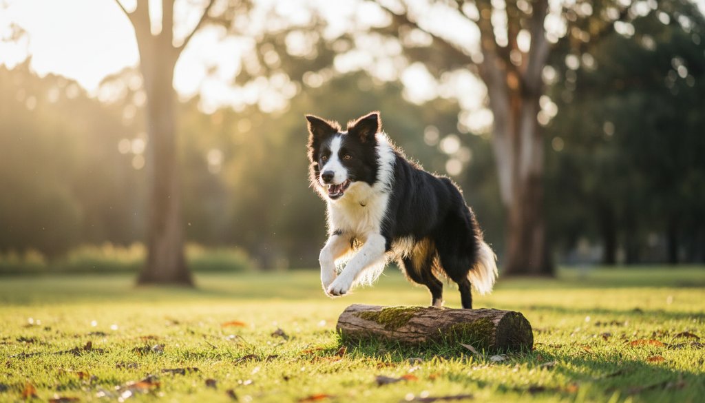 A majestic golden retriever captured mid-leap with a joyful expression in a beautifully lit Box Hill South park, exemplifying the vibrant pet photography sessions offered, with dramatic lighting enhancing its fur and movement.