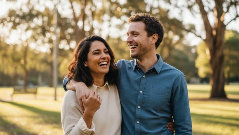 An intimate and authentic Box Hill South Victoria engagement photography candid moments captured at sunset, showing a couple laughing genuinely by a leafy walking path in Box Hill South, Victoria, bathed in golden hour light, portraying their joyful connection. Professional, cinematic style.