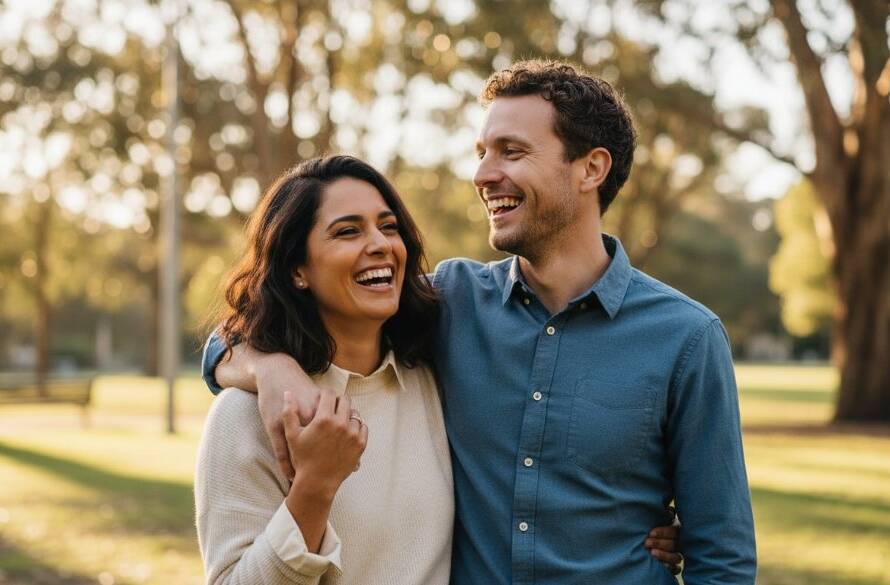 An intimate and authentic Box Hill South Victoria engagement photography candid moments captured at sunset, showing a couple laughing genuinely by a leafy walking path in Box Hill South, Victoria, bathed in golden hour light, portraying their joyful connection. Professional, cinematic style.