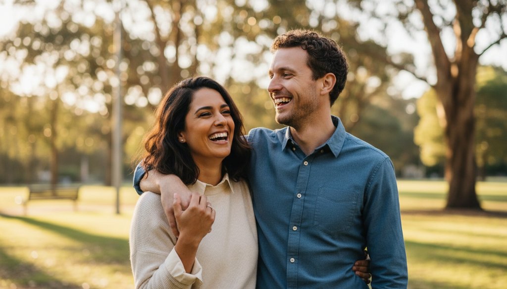 An intimate and authentic Box Hill South Victoria engagement photography candid moments captured at sunset, showing a couple laughing genuinely by a leafy walking path in Box Hill South, Victoria, bathed in golden hour light, portraying their joyful connection. Professional, cinematic style.