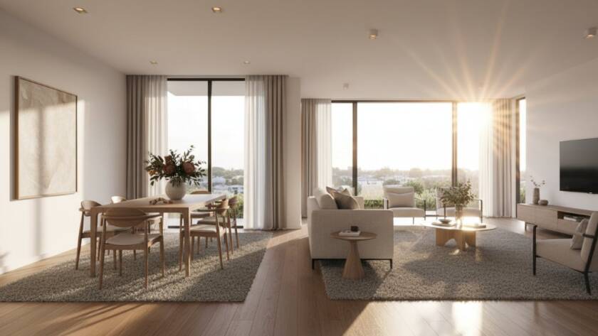A stunning, wide-angle cinematic shot of a modern, light-filled living room in a Box Hill South Victoria home, showcasing professional real estate photography techniques with warm natural light pouring through large windows, highlighting architectural details and inviting comfort.