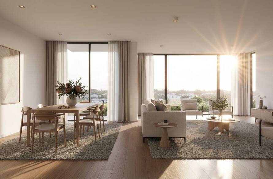 A stunning, wide-angle cinematic shot of a modern, light-filled living room in a Box Hill South Victoria home, showcasing professional real estate photography techniques with warm natural light pouring through large windows, highlighting architectural details and inviting comfort.
