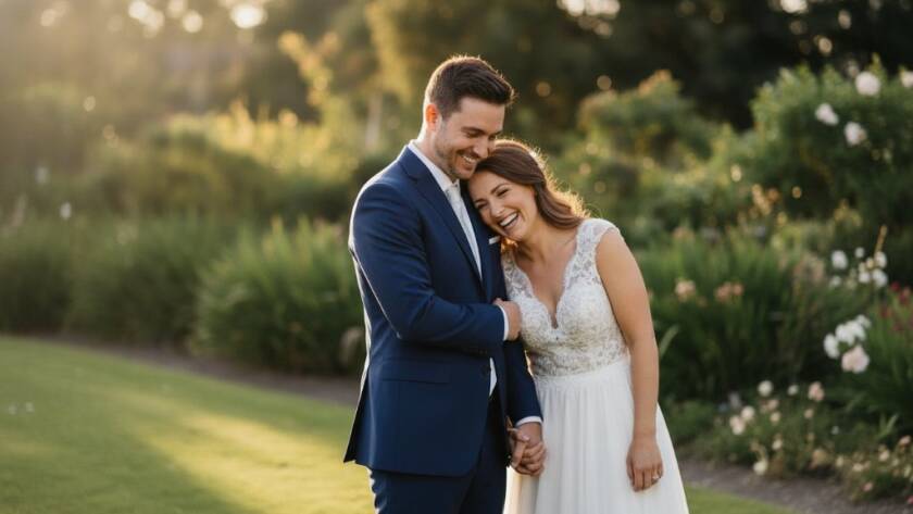 A joyful bride and groom sharing a tender, genuine moment in the beautiful natural light of a garden setting in Box Hill South, Victoria, showcasing Box Hill South Wedding Photography Capturing Genuine Moments, with soft focus on surrounding greenery and dramatic, warm lighting.