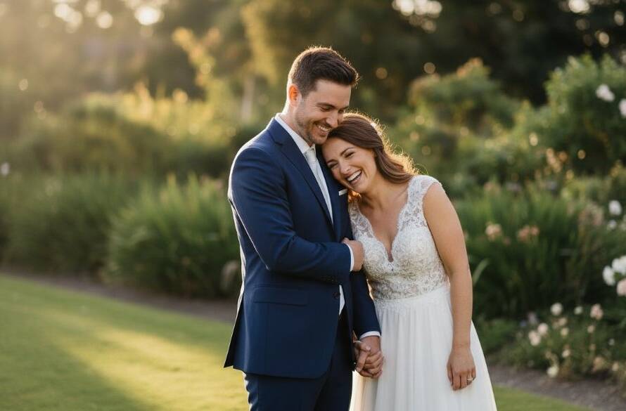 A joyful bride and groom sharing a tender, genuine moment in the beautiful natural light of a garden setting in Box Hill South, Victoria, showcasing Box Hill South Wedding Photography Capturing Genuine Moments, with soft focus on surrounding greenery and dramatic, warm lighting.