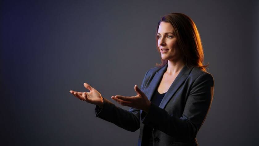 A dynamic and professionally lit studio portrait of a confident entrepreneur in Box Hill, capturing a pivotal moment of creative success and showcasing Box Hill studio photography for unique personal branding with dramatic lighting and vibrant colours.