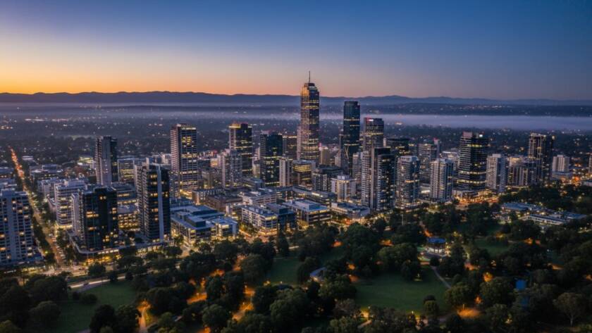 Dynamic aerial shot capturing the vibrant Box Hill skyline at sunrise with a drone, showcasing its unique architectural blend and lush green spaces, ideal for Box Hill Victoria drone photography for unique aerial perspectives.