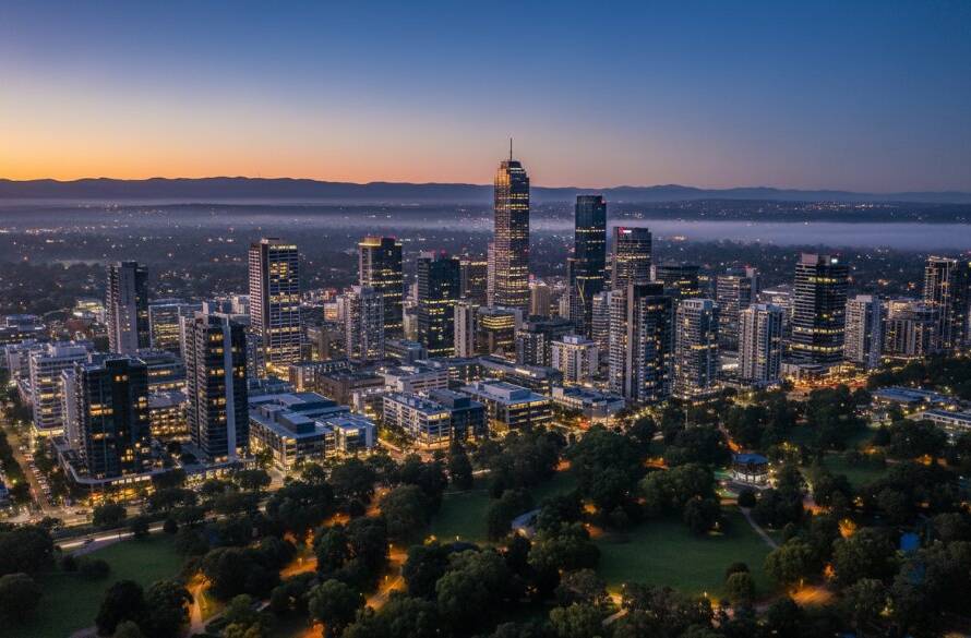 Dynamic aerial shot capturing the vibrant Box Hill skyline at sunrise with a drone, showcasing its unique architectural blend and lush green spaces, ideal for Box Hill Victoria drone photography for unique aerial perspectives.