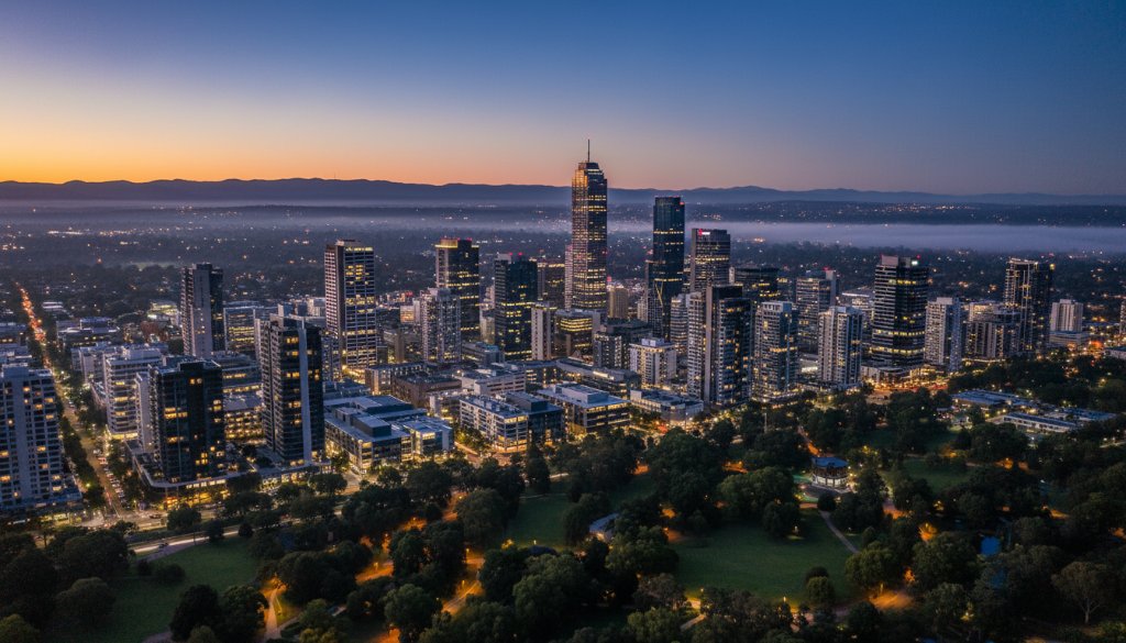 Dynamic aerial shot capturing the vibrant Box Hill skyline at sunrise with a drone, showcasing its unique architectural blend and lush green spaces, ideal for Box Hill Victoria drone photography for unique aerial perspectives.