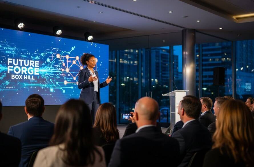 Dynamic wide-angle shot capturing the vibrant energy of a local business event in Box Hill, Victoria, showcasing the expertise of Box Hill Victoria editorial photography for local businesses, with diverse attendees engaging brightly under professional lighting.