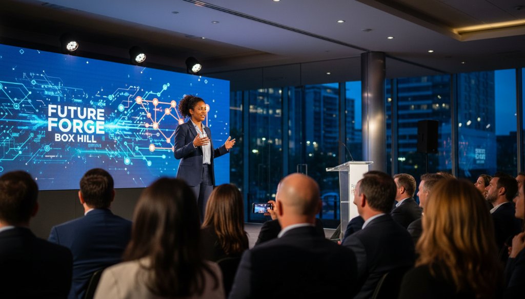 Dynamic wide-angle shot capturing the vibrant energy of a local business event in Box Hill, Victoria, showcasing the expertise of Box Hill Victoria editorial photography for local businesses, with diverse attendees engaging brightly under professional lighting.