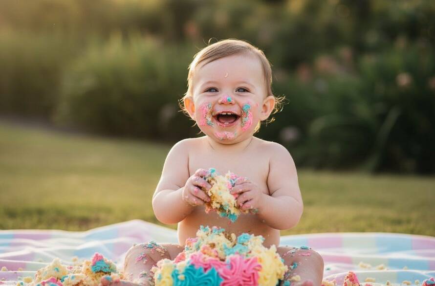 A delighted baby, covered in cake frosting, mid-smash during their Box Hill Victoria first birthday cake smash photoshoot, captured in a brightly lit, joyful studio setting.