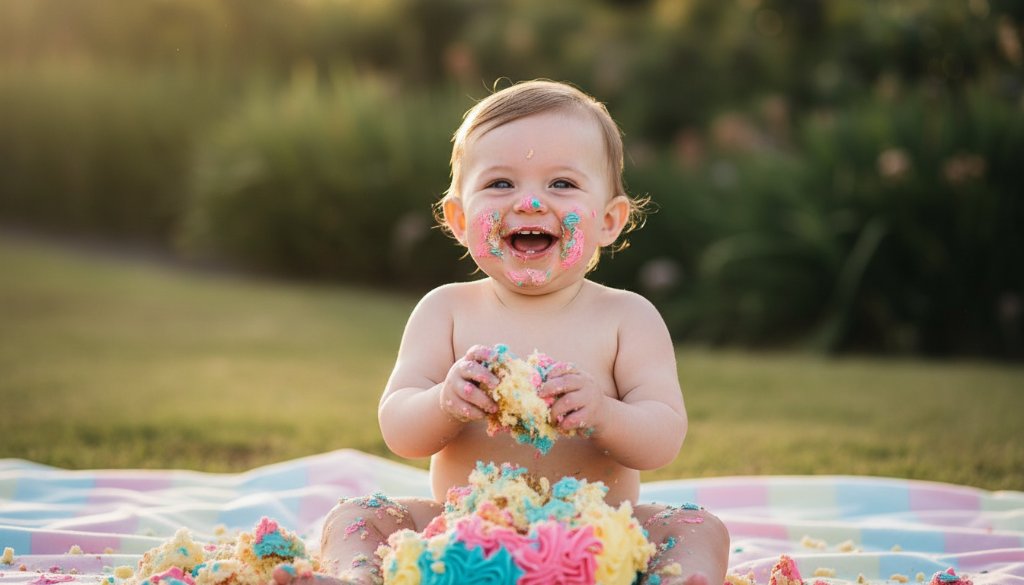 A delighted baby, covered in cake frosting, mid-smash during their Box Hill Victoria first birthday cake smash photoshoot, captured in a brightly lit, joyful studio setting.
