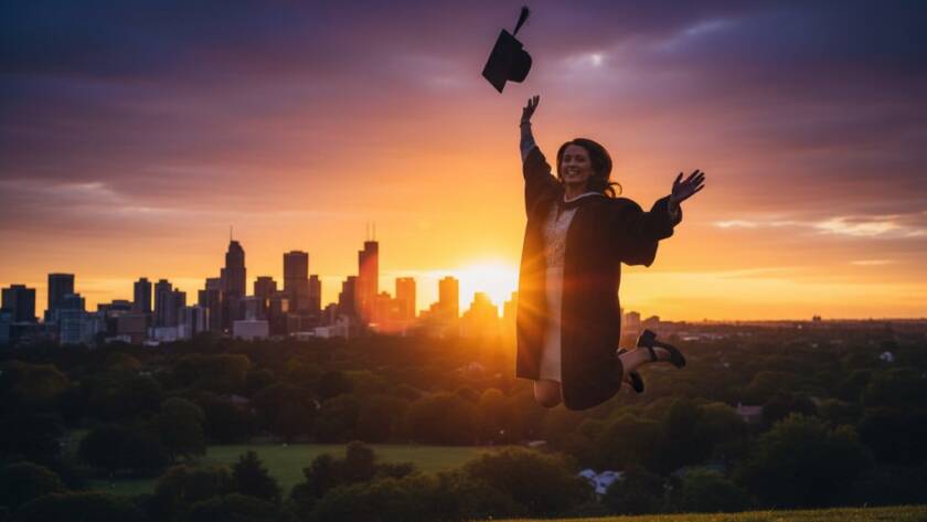 A jubilant graduate in Box Hill, Victoria, tossing their cap against a dramatic sunset sky near Box Hill Gardens, capturing their Box Hill Victoria graduation photography memories with professional lighting.