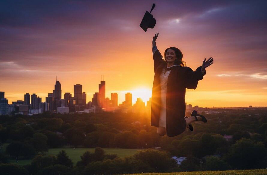 A jubilant graduate in Box Hill, Victoria, tossing their cap against a dramatic sunset sky near Box Hill Gardens, capturing their Box Hill Victoria graduation photography memories with professional lighting.