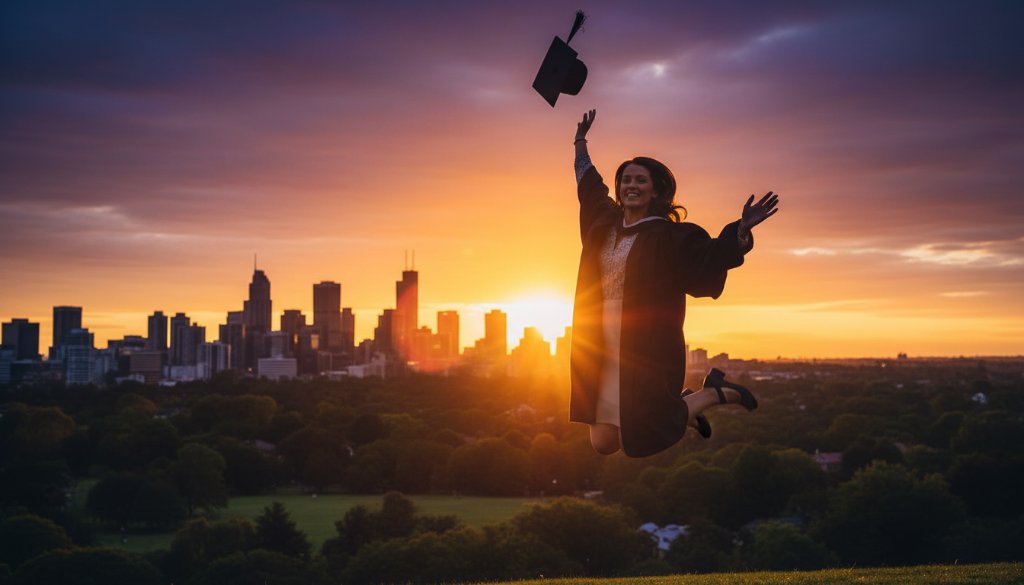 A jubilant graduate in Box Hill, Victoria, tossing their cap against a dramatic sunset sky near Box Hill Gardens, capturing their Box Hill Victoria graduation photography memories with professional lighting.