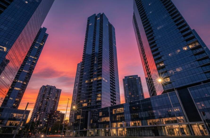 An epic moment in Box Hill Victoria modern architecture photography, featuring a dynamic low-angle shot of Box Hill Central's gleaming glass facades reflecting a dramatic sunset sky, professionally colour-graded with vibrant hues and strong contrasts, showcasing the building's striking lines and urban energy.