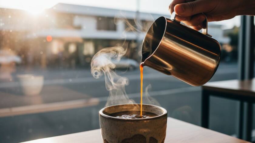 A dynamic, high-angle shot showcasing Box Hill Victoria product photography expertise, featuring a vibrant, locally sourced artisanal coffee product dramatically lit on a rustic wooden table within a modern Box Hill cafe, with a blurred backdrop of bustling street life and the iconic Box Hill Town Hall at golden hour, capturing a perfect moment of urban charm and product appeal.