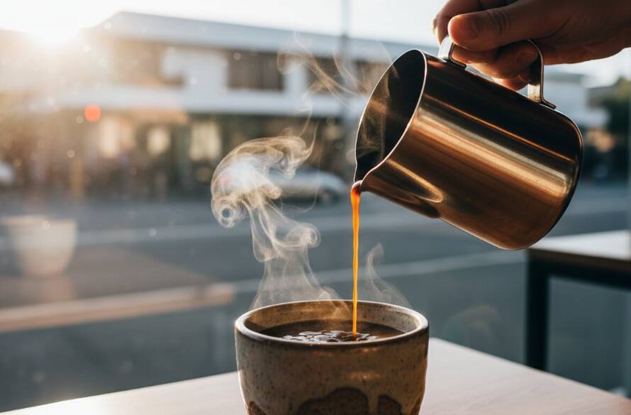 A dynamic, high-angle shot showcasing Box Hill Victoria product photography expertise, featuring a vibrant, locally sourced artisanal coffee product dramatically lit on a rustic wooden table within a modern Box Hill cafe, with a blurred backdrop of bustling street life and the iconic Box Hill Town Hall at golden hour, capturing a perfect moment of urban charm and product appeal.