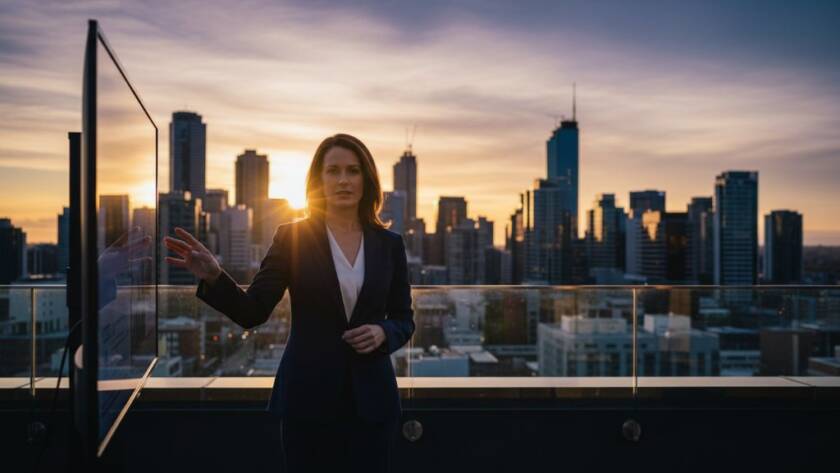 A dynamic, wide-angle shot of an entrepreneur confidently presenting their product in front of Box Hill's modern architectural skyline at sunset, with dramatic lens flare, embodying Box Hill Victoria professional personal branding photography.