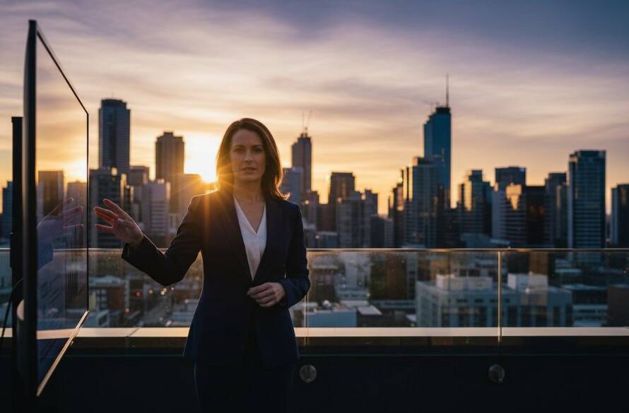 A dynamic, wide-angle shot of an entrepreneur confidently presenting their product in front of Box Hill's modern architectural skyline at sunset, with dramatic lens flare, embodying Box Hill Victoria professional personal branding photography.