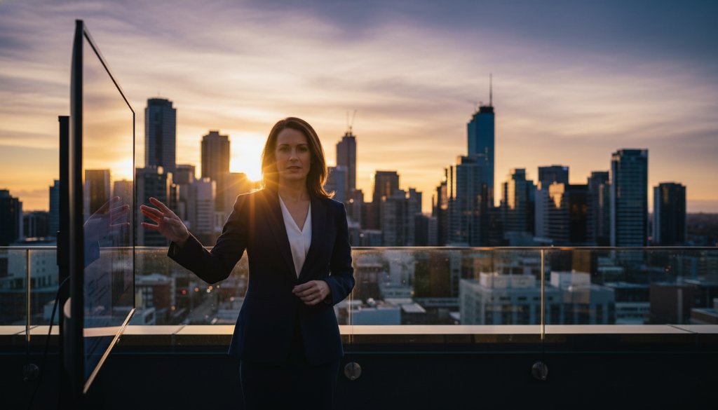 A dynamic, wide-angle shot of an entrepreneur confidently presenting their product in front of Box Hill's modern architectural skyline at sunset, with dramatic lens flare, embodying Box Hill Victoria professional personal branding photography.