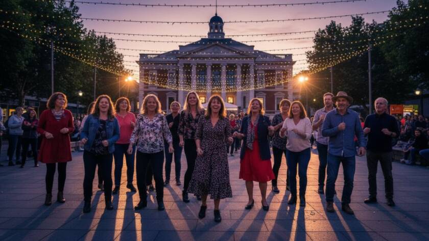 An epic, joy-filled moment captured by Box Hill Victoria vibrant event photography authentic moments, showing guests laughing and celebrating under dynamic lighting at a Box Hill community festival, with the iconic Box Hill Town Hall subtly visible in the background, showcasing professional colour grading and composition.