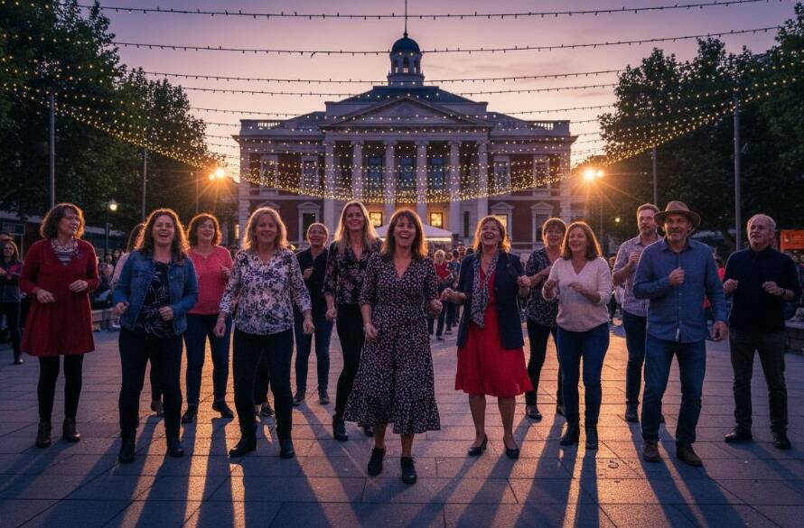 An epic, joy-filled moment captured by Box Hill Victoria vibrant event photography authentic moments, showing guests laughing and celebrating under dynamic lighting at a Box Hill community festival, with the iconic Box Hill Town Hall subtly visible in the background, showcasing professional colour grading and composition.