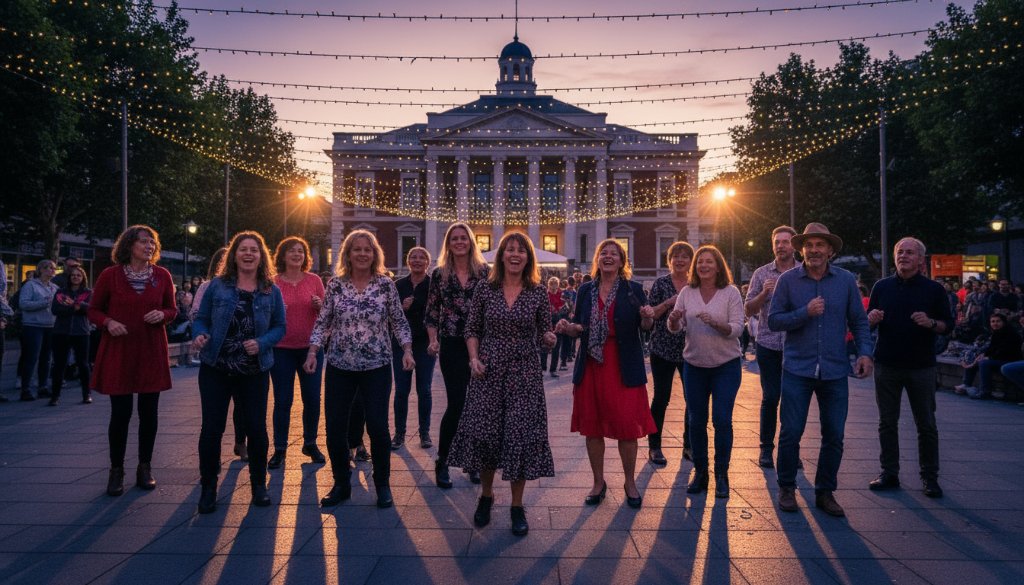 An epic, joy-filled moment captured by Box Hill Victoria vibrant event photography authentic moments, showing guests laughing and celebrating under dynamic lighting at a Box Hill community festival, with the iconic Box Hill Town Hall subtly visible in the background, showcasing professional colour grading and composition.
