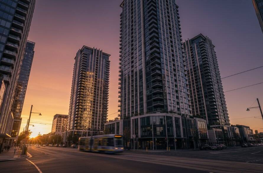 A wide-angle, low-light photograph showcasing Box Hill's dynamic contemporary architecture photography expertise, featuring the striking silhouette of a modern high-rise building against a dramatic twilight sky with vibrant city lights beginning to glow, capturing the essence of urban sophistication.