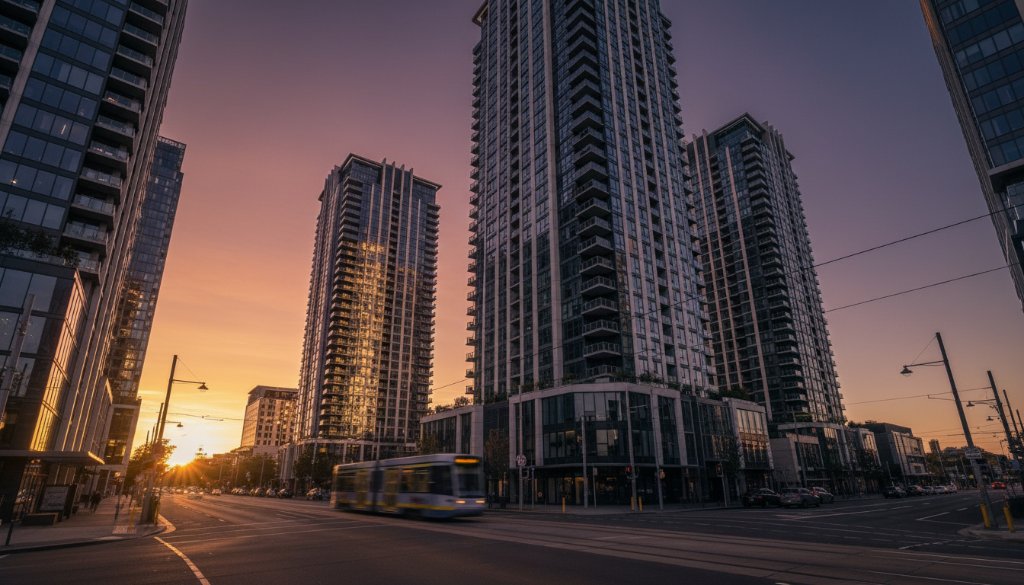A wide-angle, low-light photograph showcasing Box Hill's dynamic contemporary architecture photography expertise, featuring the striking silhouette of a modern high-rise building against a dramatic twilight sky with vibrant city lights beginning to glow, capturing the essence of urban sophistication.