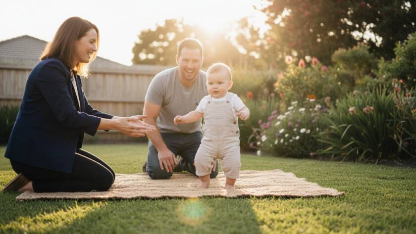 A heartwarming Braeside baby photography precious memories moment: A baby, approximately six months old, giggling joyfully while held aloft by strong, gentle parents in a sun-dappled, leafy park setting in Braeside. The natural golden hour light bathes them in a soft glow, highlighting their tender connection. The composition is a wide shot, capturing the full family interaction with a shallow depth of field, rendering the park's lush greenery as a beautiful, soft backdrop. Professional photography, dramatic lighting, color graded for warmth and emotional impact.