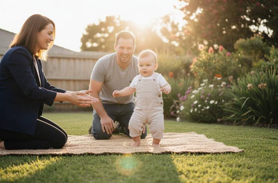 A heartwarming Braeside baby photography precious memories moment: A baby, approximately six months old, giggling joyfully while held aloft by strong, gentle parents in a sun-dappled, leafy park setting in Braeside. The natural golden hour light bathes them in a soft glow, highlighting their tender connection. The composition is a wide shot, capturing the full family interaction with a shallow depth of field, rendering the park's lush greenery as a beautiful, soft backdrop. Professional photography, dramatic lighting, color graded for warmth and emotional impact.