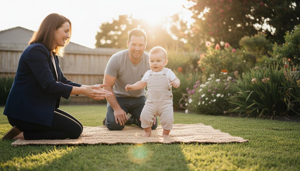 A heartwarming Braeside baby photography precious memories moment: A baby, approximately six months old, giggling joyfully while held aloft by strong, gentle parents in a sun-dappled, leafy park setting in Braeside. The natural golden hour light bathes them in a soft glow, highlighting their tender connection. The composition is a wide shot, capturing the full family interaction with a shallow depth of field, rendering the park's lush greenery as a beautiful, soft backdrop. Professional photography, dramatic lighting, color graded for warmth and emotional impact.