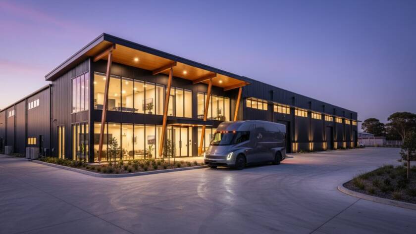 An epic moment capture of a modern, architecturally designed commercial office space in Braeside at twilight, bathed in warm, inviting light with sleek interior lines, highlighting expert Braeside commercial property photography tips in action.