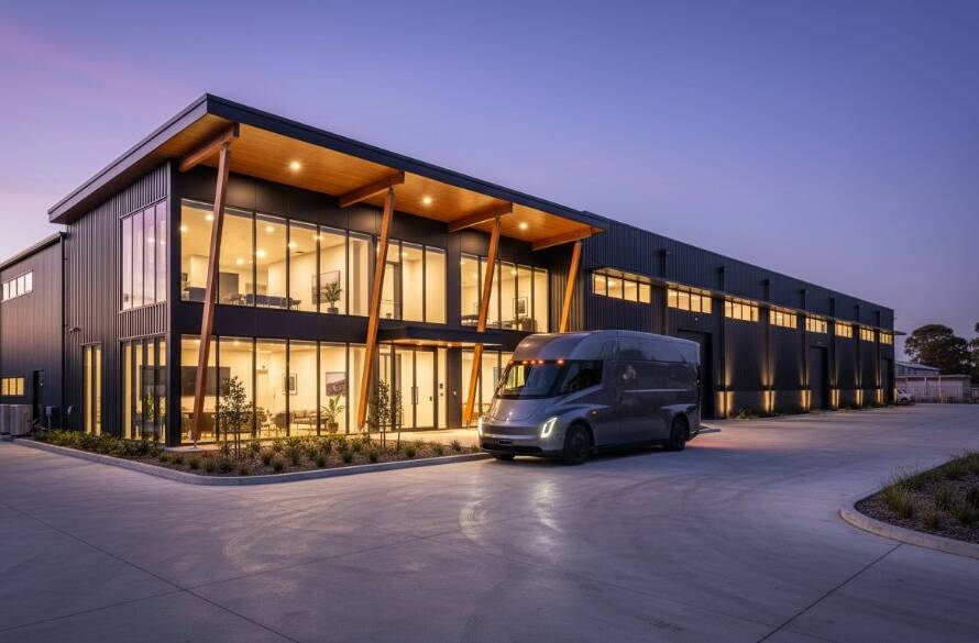 An epic moment capture of a modern, architecturally designed commercial office space in Braeside at twilight, bathed in warm, inviting light with sleek interior lines, highlighting expert Braeside commercial property photography tips in action.