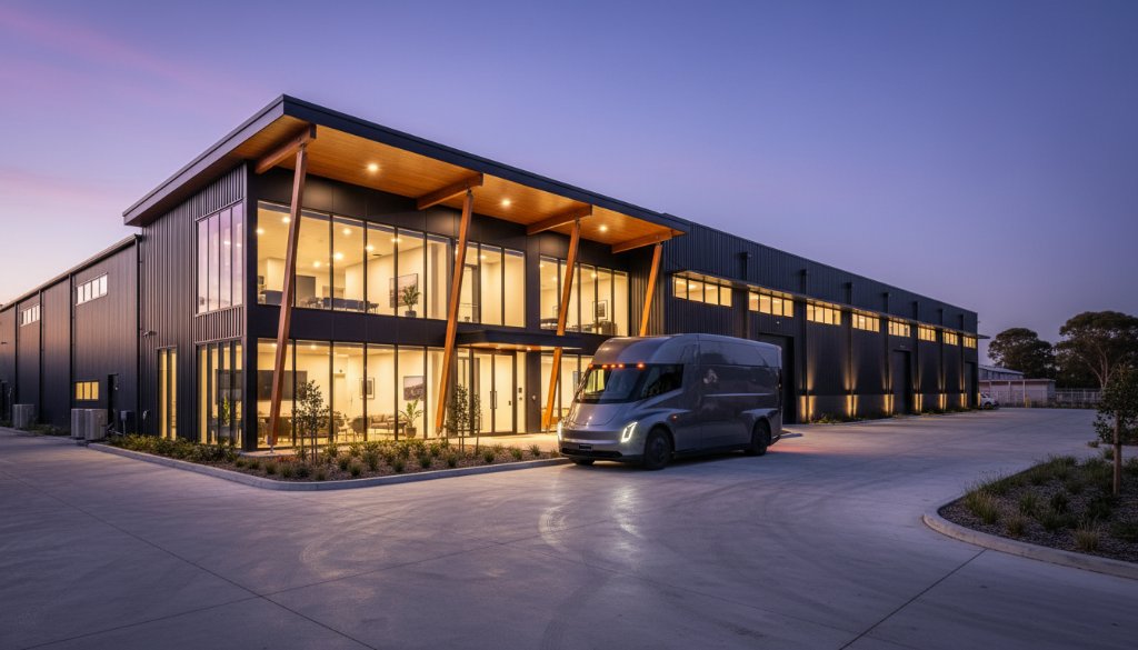 An epic moment capture of a modern, architecturally designed commercial office space in Braeside at twilight, bathed in warm, inviting light with sleek interior lines, highlighting expert Braeside commercial property photography tips in action.