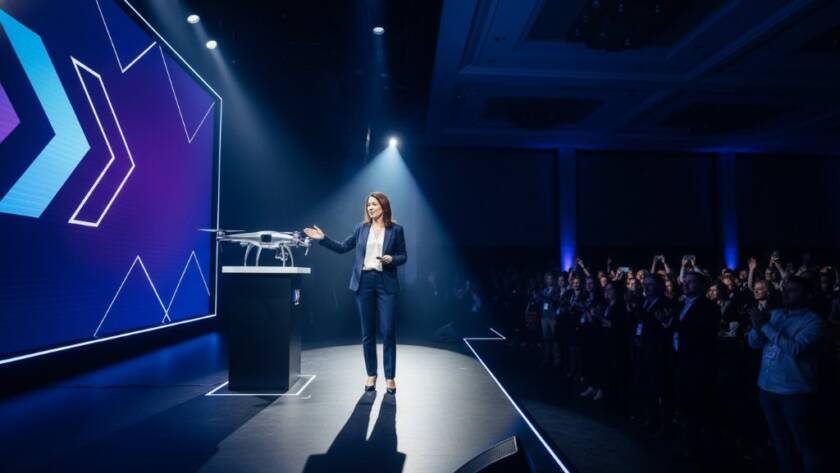 A dynamic wide-angle shot by Braeside corporate event photography specialists capturing a keynote speaker on stage at a professional conference in Braeside, Victoria, with dramatic spotlights, an engaged audience, and a vibrant brand backdrop, showcasing an epic moment of corporate engagement.