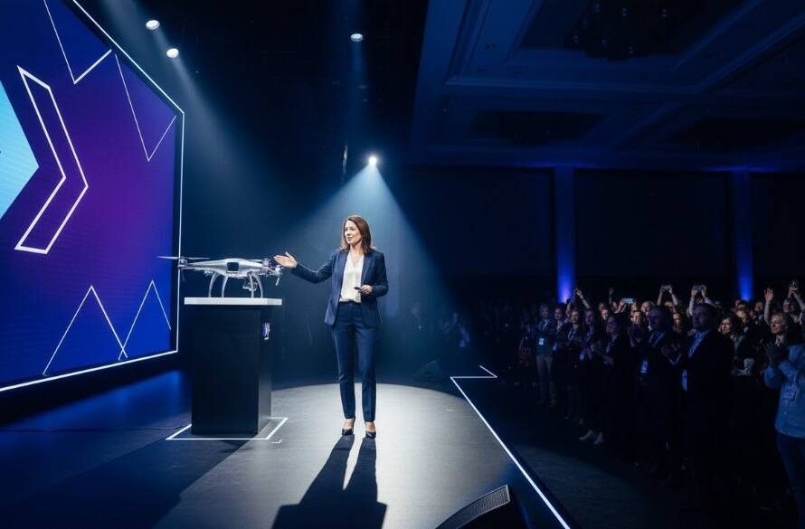 A dynamic wide-angle shot by Braeside corporate event photography specialists capturing a keynote speaker on stage at a professional conference in Braeside, Victoria, with dramatic spotlights, an engaged audience, and a vibrant brand backdrop, showcasing an epic moment of corporate engagement.