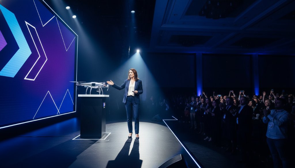 A dynamic wide-angle shot by Braeside corporate event photography specialists capturing a keynote speaker on stage at a professional conference in Braeside, Victoria, with dramatic spotlights, an engaged audience, and a vibrant brand backdrop, showcasing an epic moment of corporate engagement.