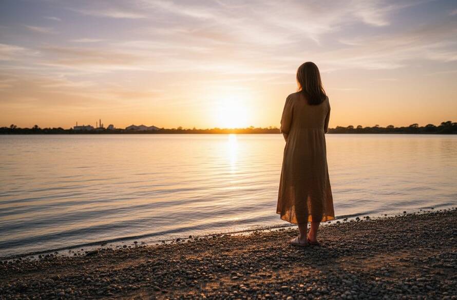 A captivating Braeside fine art photography storytelling portrait featuring a person silhouetted against a dramatic sunset over a tranquil Braeside lake, evoking deep emotion and narrative.