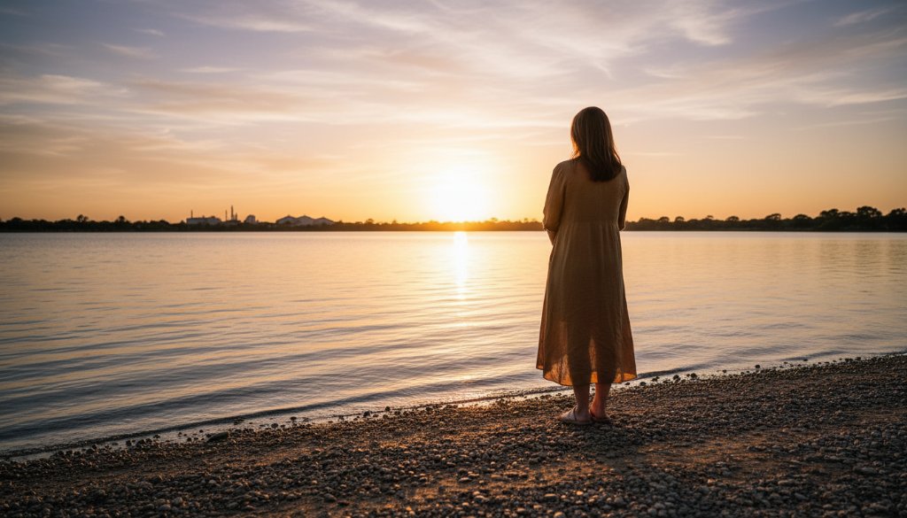 A captivating Braeside fine art photography storytelling portrait featuring a person silhouetted against a dramatic sunset over a tranquil Braeside lake, evoking deep emotion and narrative.